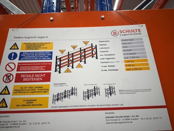 Palettenregal für Quereinlagerung (Schmalgang), Schulte, Höhe ca. 6,40m, Traversenlänge 2,70m, 750kg pro Palette, ca. 1.104 Palettenstellplätze, mit Tiefenauflagen – Bild 4