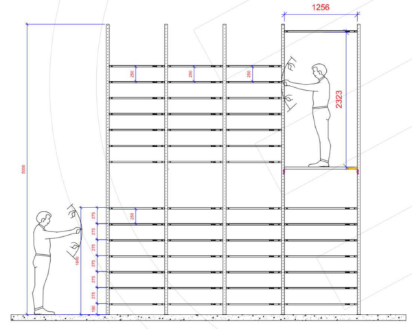 2 geschossige Fachbodenregale, Schulte, ca. 1.148 Felder, ca. 5m hoch, 100kg pro Fachboden, Fachböden 1m x 0,40m und wenige 1,30m x 0,40m, inkl. 1 Etagenheber, inkl. Stahlbaubühne als Hauptgang – Bild 7