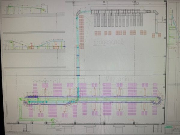 Kleiner „Sorter“ mit 12 Zielen, von AMI mit Fördertechnikanlage Overbeck inkl. Scanner, Steuerung, Waage, Kurven, Steigförderer, Gurtförderer, etc lagertechnik