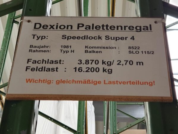 Palettenregal, Dexion, 1.290 kg pro Palettenplatz, Rahmenhöhe ca. 6,70m, max. 650 Stellplätze lagertechnik