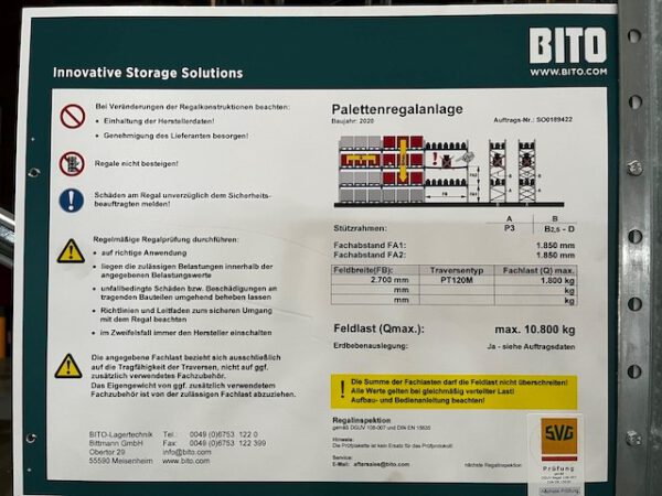Palettenregal, Bito, ca. 10,45m hoch, bis zu 1 to / Palette, ca. 2.100 Stellplätze lagertechnik