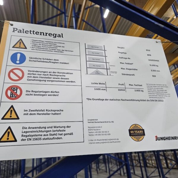 Palettenregal, Jungheinrich, Höhe: ca. 9m , Traversenlänge 3,60m, 700kg pro Palette, ca. 5,400 Palettenstellplätze, lagertechnik