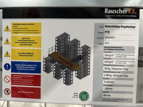 4 geschossige Fachbodenregale, Rauscher, über 10.000 Felder, Fachböden 1,28 x 0,60m und z.T. mit Ovalrohren für Hängetextil – gebraucht – : lagertechnik