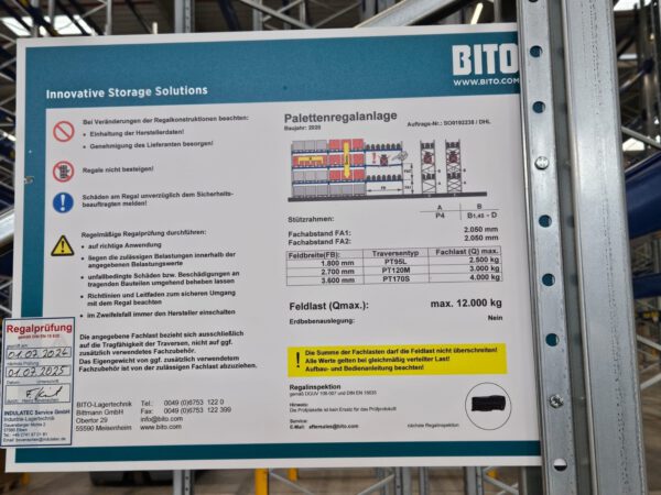 Palettenregal, Bito, 8,50 - 9m hoch, 1.000kg / Palette, ca. 2.850 Stellplätze lagertechnik