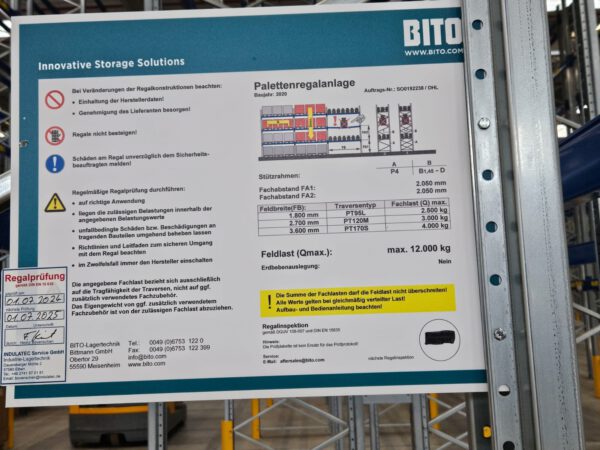Palettenregal, Bito, 8,50 - 9m hoch, 1.000kg / Palette, ca. 2.850 Stellplätze lagertechnik