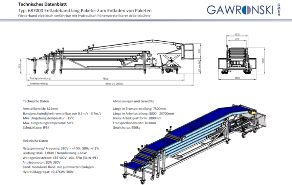 Ausziehbares Teleskopförderband, Aluminium, Länge 8000 – 20.700mm Nutzbreite 600 mm Gliedband, mit hydraulisch höhenverstellbarer Arbeitsbühne lagertechnik